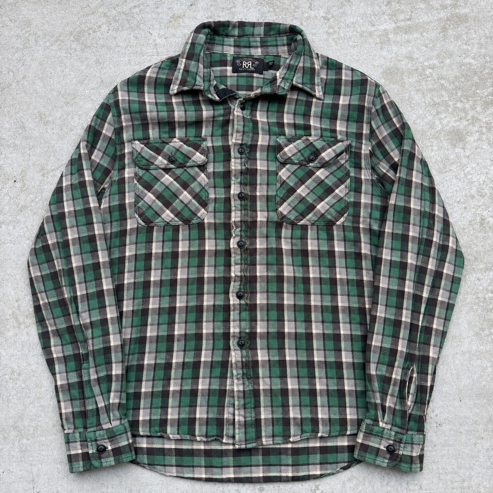 RRL Ralph Lauren Green Black Plaid Flannel Button Down Shirt Large L